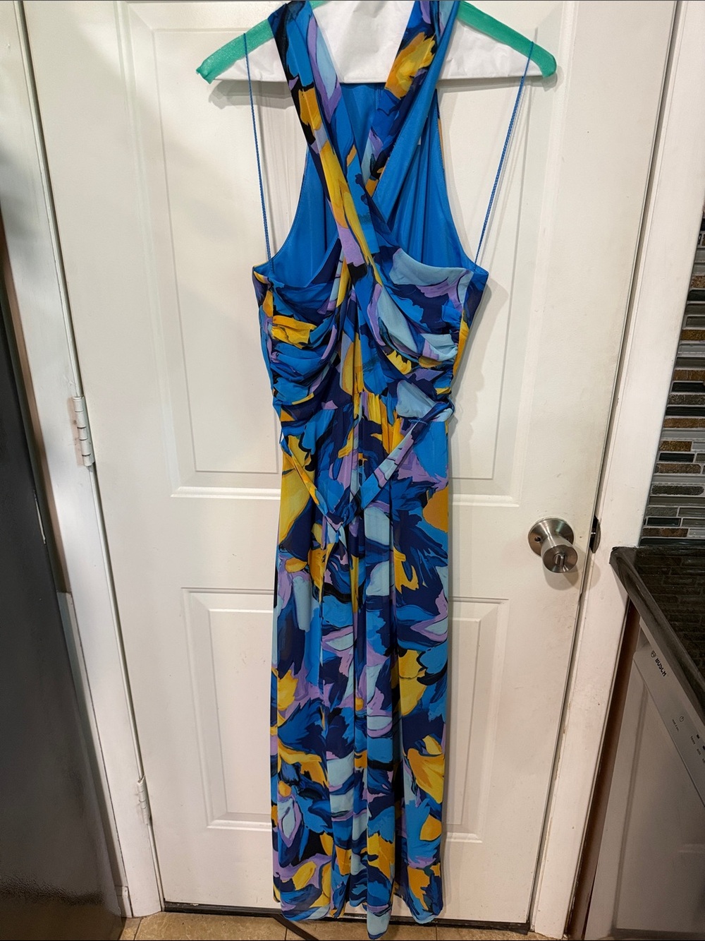 London Times Blue Multi-Color Floral Halter Maxi Dress, size 12
